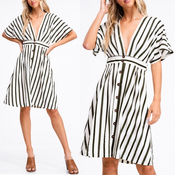 Olive Stripe Button Down Plunging VNeck Midi Dress - Picture 2 of 8